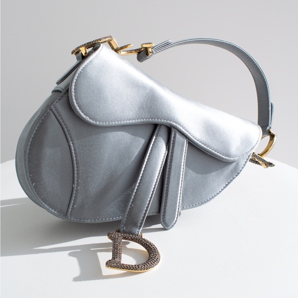 Dior Saddle 2019 Mini Satin Icy Blue Grey Crystal Embellished Bag - Picture 4 of 17